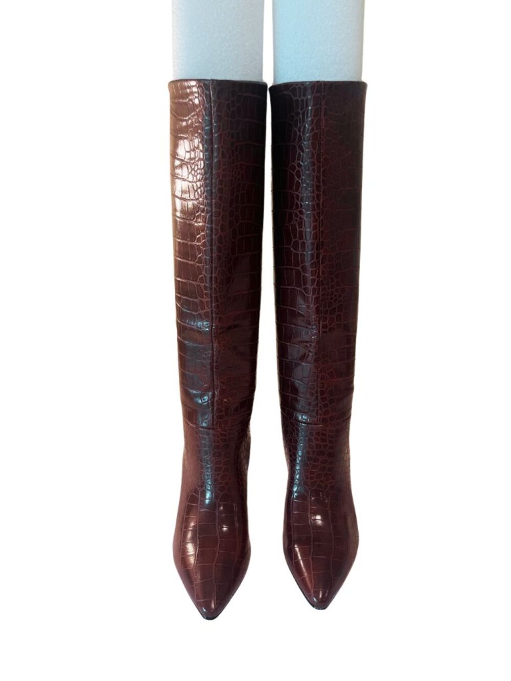 Crocodile Croc Embossed Faux Leather Knee High Brown Cognac Kitten Heel Boots - Picture 7 of 8